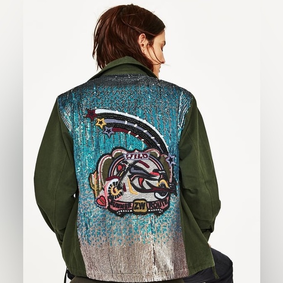 Zara Army Back Sequin Embroidery Jacket w/ Patch Pockets Green